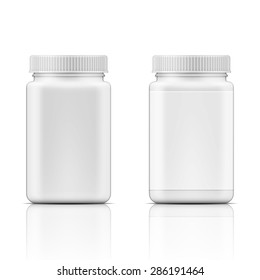 Template of white square plastic bottle with screw cap for medicine, pills, tabs. Packaging collection. Vector illustration. 