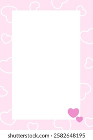 Template with a white text box and two fuchsia hearts on a light pink background decorated with white hearts. Vector illustration for note, poster, invitation. Copy space. Valentine's Day