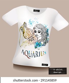 Template white t-shirt with a print girl with seashell or Aquarius