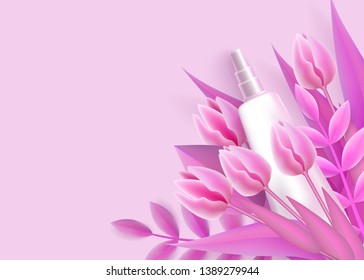Template with white tube packaging mockup and pink flowers realistic style, vector illustration. Cosmetic product advertising banner with digital paper art tulip bouquet and copy space