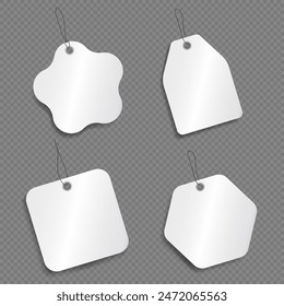Template of white various price tags with blank space for text on transparent background. Mockup of discount paper labels, shopping card, promotion badges, stickers or gift tag with string for hanging