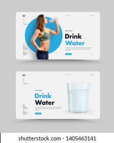 Template of white vector web page for sports and healthy eating on the theme of drinking water nomes. Design with a blue circle, a girl and a glass.