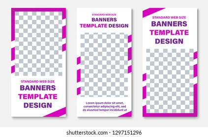 Template of white vertical web banners with rectangle for photos and purple diagonal lines. Design for business advertising. Set