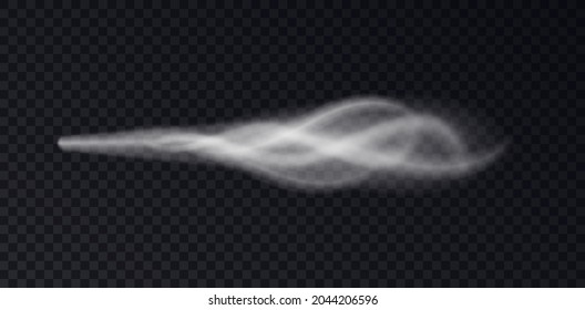 Template of wind blow fancy curved shapes isolated on dark transparent background. White smoke or freezing steaming breath. Realistic vector illustration