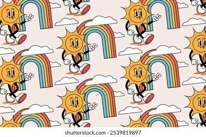 Template winding funny trendy retro cartoon Cloud, rainbow, sun character. Vintage happy comic style characters rubber hose. Isolated vector seamless illustration. Hippie in 60s, 70s style.