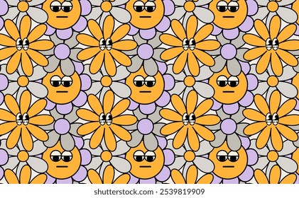 Template winding funny trendy retro cartoon pattern flowers gray-violet with big eyes. Vintage happy comic style characters rubber hose. Isolated vector seamless illustration. Hippie in the style of t