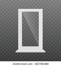 Template of window vertical frame with windowsill, realistic vector illustration isolated on transparent background. Window white rack mockup with shining glass.