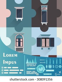 template with windows on four puzzles and infographics