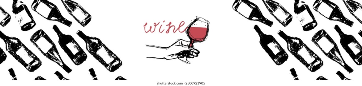 Template wine banner featuring a seamless pattern of red wine bottles. Hand-drawn vector illustrations of red and white wine. Winery frame design with a grape alcohol pattern.