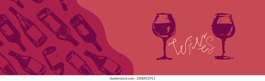 Template wine banner featuring a seamless pattern of red wine bottles. Hand-drawn vector illustrations of red and white wine. Winery frame design with a grape alcohol pattern.