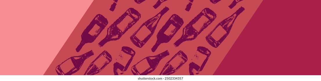 Template wine banner featuring a seamless pattern of red wine bottles. Hand-drawn vector illustrations of red and white wine. Winery web banner design with a grape alcohol pattern.