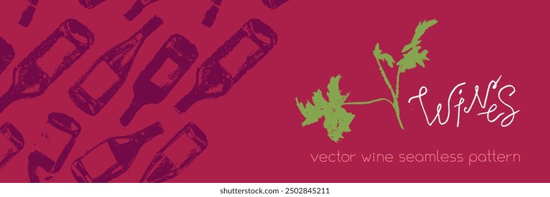 Template wine banner featuring a seamless pattern of red wine bottles. Hand-drawn vector illustrations of red and white wine. Winery web banner design with a grape alcohol pattern.