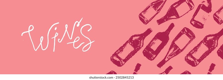 Template wine banner featuring a seamless pattern of red wine bottles. Hand-drawn vector illustrations of red and white wine. Winery web banner design with a grape alcohol pattern.