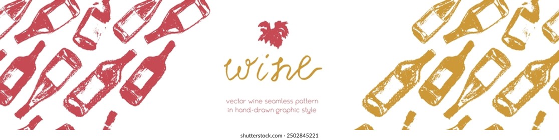 Template wine banner featuring a seamless pattern of red wine bottles. Hand-drawn vector illustrations of red and white wine. Winery web banner design with a grape alcohol pattern.