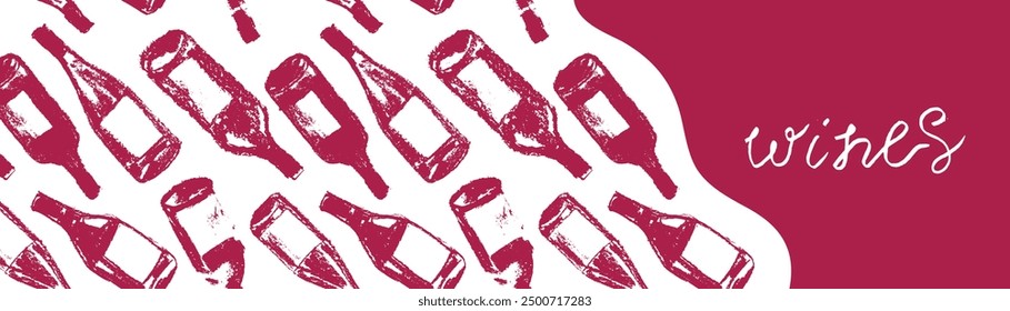 Template wine banner with red wine bottles pattern seamless. Hand-drawn coal sketches of red wine and white wine in vector. Winery frame design, grape alcohol pattern.