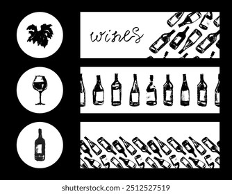 Template wine banner set. Hand-drawn wine bottles pattern seamless. Vector bottles of wine background. Chalk sketches for label, packaging design, wine tasting poster, winery tour brochure design.