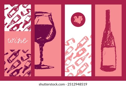 Template wine banner set. Hand-drawn wine bottles pattern seamless. Vector bottles of wine background. Chalk sketches for label, packaging design, wine tasting poster, winery tour brochure design.