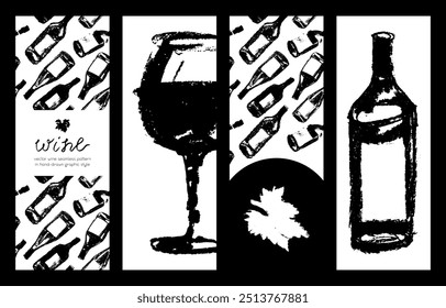 Conjunto de Anuncios de vino de Plantilla. Patrón de botellas de vino dibujado a mano sin costuras. Botellas de Vector de fondo de vino. Bocetos de tiza para etiqueta, diseño de embalaje, cartel de cata de vinos, diseño de folleto de visita a la bodega.