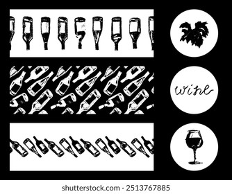 Template wine banners set. Hand-drawn wine bottles pattern seamless. Vector bottles of wine background. Chalk sketches for label, packaging design, wine tasting poster, winery tour brochure design.