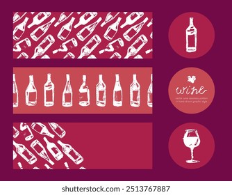 Vorlage Wein Banner Set. Handgezeichnete Weinflaschen Muster nahtlos. Vektorflaschen auf Weinhintergrund. Kreide Skizzen für Label, Verpackungsdesign, Weinproben Poster, Weingut Tour Broschüre Design.