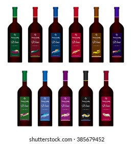 Template wine bottles with modern labels set. Vector Illustration.