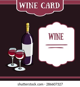 Template of a wine card with hand drawn bottle and wineglasses. Vector illustration