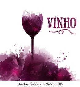 Template wine list, invitation, event or party. Wine in Portuguese. Artistic design background with stains. Vector