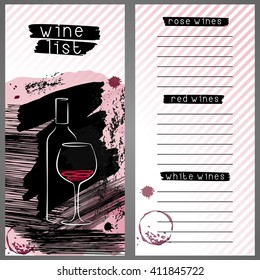 Template for wine list or wine tasting. Wine bar menu card in grunge style. Design concept with wine bottle and glass. 