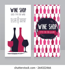 template for wine shop business card, colorful hand drawn design design, can be used as invitation for wine party or as cover for wine card, vector illustration