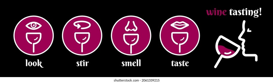 template with wine tasting icons. Banner idea for wine tasting event. Wine glass, mouth, nose, stir and mouth symbol. Background and vector illustrations