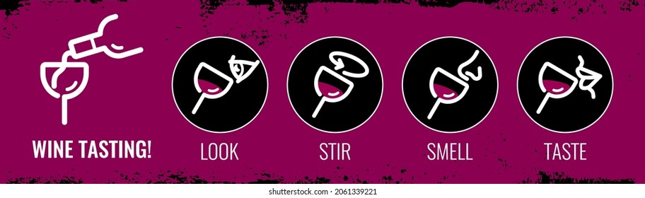 template with wine tasting icons. Banner idea for wine tasting event. Wine glass, mouth, nose, stir and mouth symbol. Background and vector illustrations