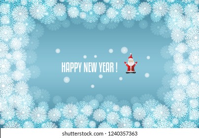 Template for winter Christmas project, turquoise background with snowflakes and Santa, place for the text in the middle.