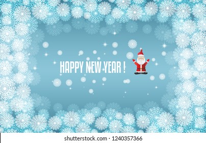 Template for winter Christmas project, turquoise background with snowflakes and Santa, place for the text in the middle.