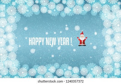 Template for winter Christmas project, turquoise background with snowflakes and Santa, place for the text in the middle.