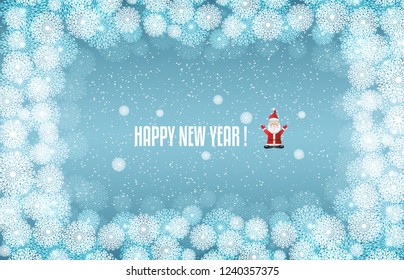 Template for winter Christmas project, turquoise background with snowflakes and Santa, place for the text in the middle.