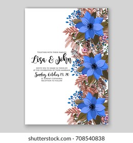 Template winter floral wreath wedding or bridal shower invitation card of blue poinsettia