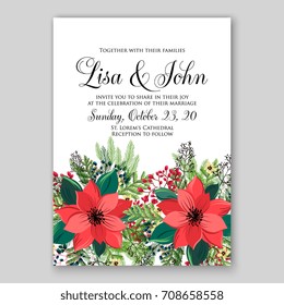 Template winter floral wreath wedding or bridal shower invitation card of violet velvet poinsettia