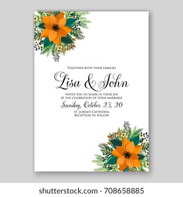 Template winter floral wreath wedding or bridal shower invitation card of violet velvet poinsettia
