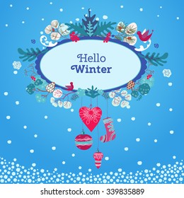 Template winter invitation, postcard or advertising poster. New year and Christmas design. Vector illustration