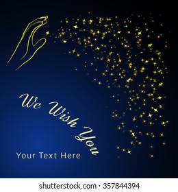 Template for wishes or congratulation card with giving hand and stars flow; health, religion, christmas concepts.