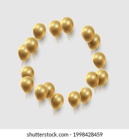 Template witn circle of realistic golden ballons, ribbons on white background. Vector illustration for card, party, design, flyer, poster, decor, banner, web, advertising . 