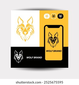 template wolf head logo design,with a minimalist, simple, and elegant geometric style, with black and white monochrome colors