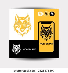 template wolf head logo design,with a minimalist, simple, and elegant geometric style, with black and white monochrome colors