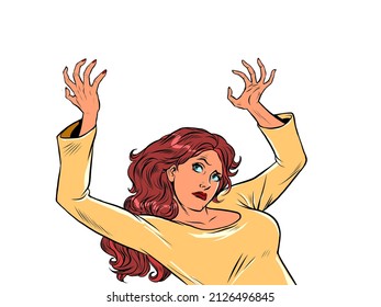 template a woman is carrying something in empty hands, advertising and announcement. Pop Art Retro Vector Illustration 50s 60s Kitsch Vintage Style