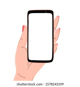 Template with woman hand holding smartphone with blank screen. Design for banner, landing page, brochure, flyer, poster. Vector, eps10