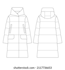 Template women down puffer oversized coat vector illustration flat design outline clothing collection outerwear
