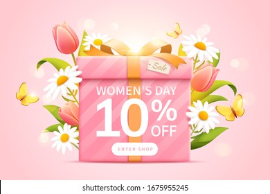 Template for Women's Day sale with concept of spring floral design, decorated by a well-wrapped gift box and lovely flowers on cherry blossom pink background