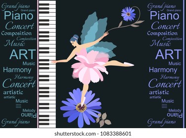 
Template for wonderful musical poster or invitation card with beautiful little winged fairy ballerina touching the piano key isolated on black background in vector.