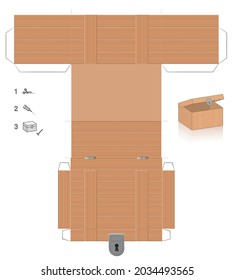 Plantilla de caja de madera con tapa que se puede abrir. Modelo de papel de cofre del tesoro. Cortar, doblar y pegarlo. Ilustración vectorial.
