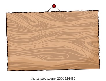 Template with a wooden sign hanging from a string with thumbtack. Cartoon style design on white background.
